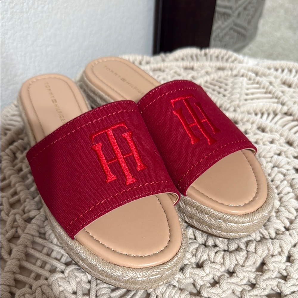Tommy Hilfiger Red and Tan Espadrilles with Textured Upper